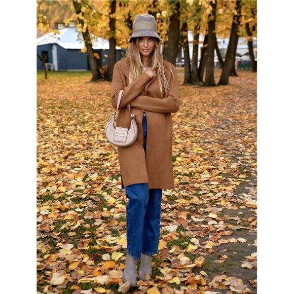 Women's Long Cardigans Sweater Blazer Jacket Coat Camel - Picture 2 of 7